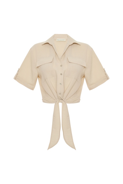  BAĞLAMA DETAYLI KISA KOLLU CROP GÖMLEK