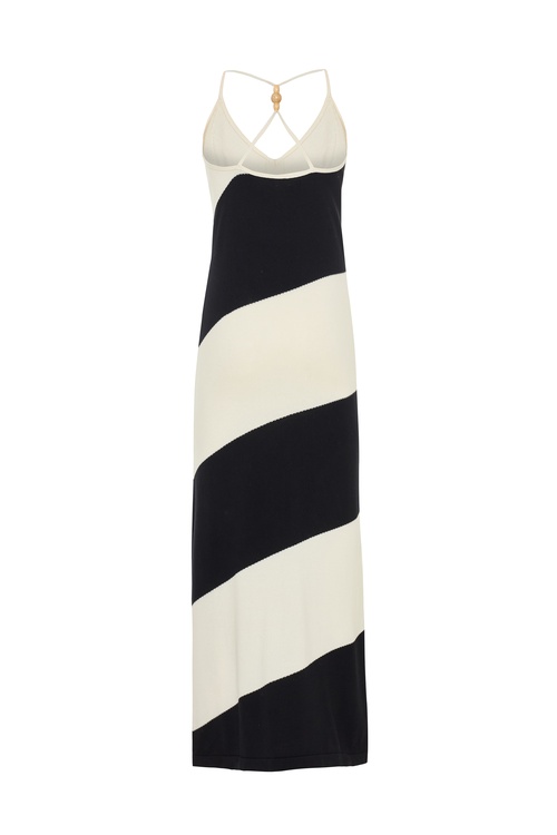  ÇİZGİLİ BONCUK ASKILI UZUN TRİKO ELBİSE