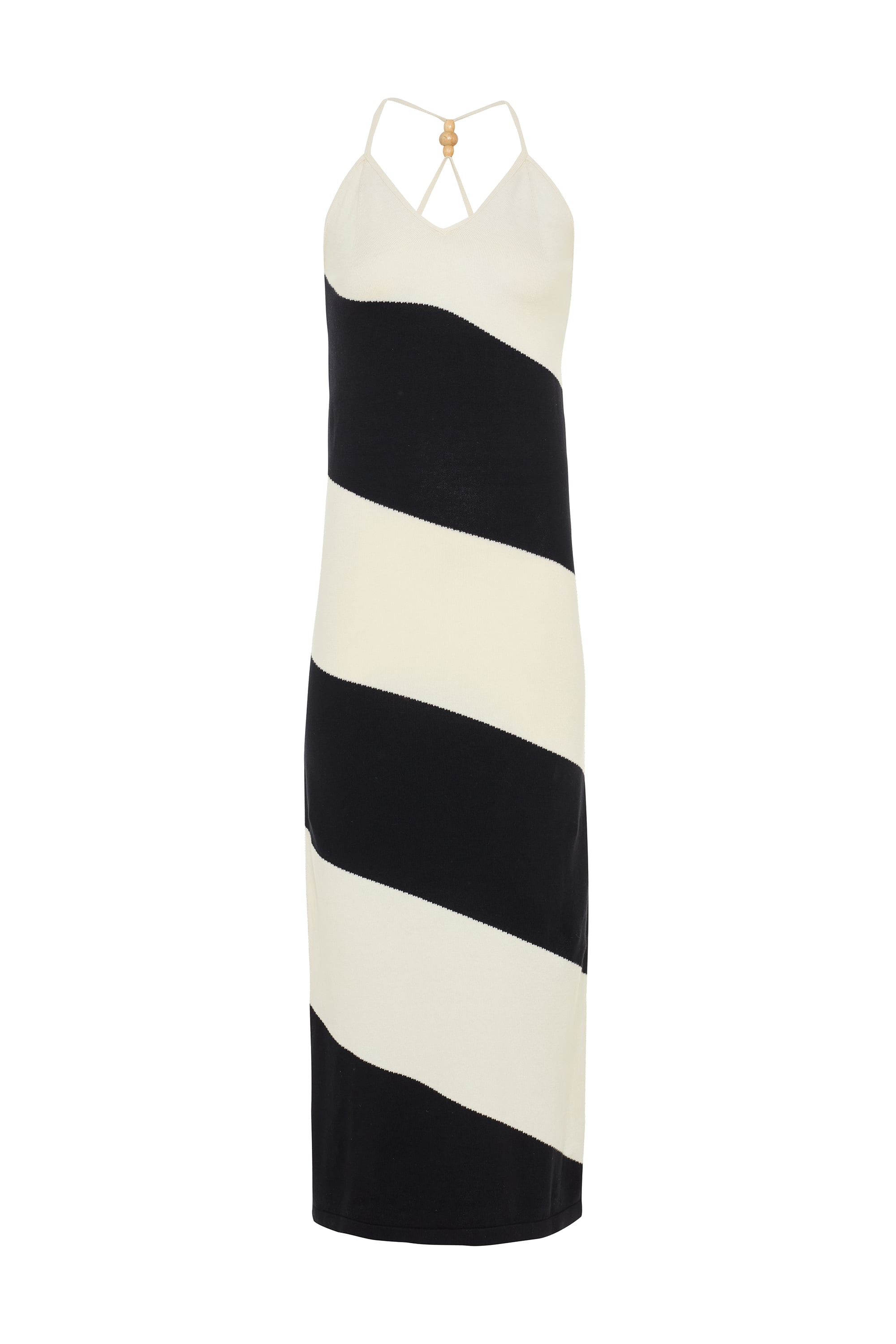 ÇİZGİLİ BONCUK ASKILI UZUN TRİKO ELBİSE