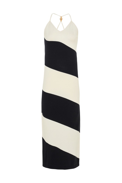  ÇİZGİLİ BONCUK ASKILI UZUN TRİKO ELBİSE