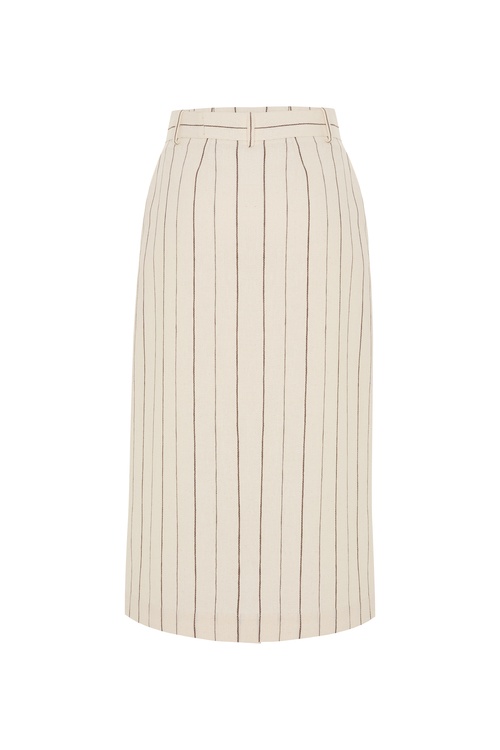  KEMER DETAYLI ÇİZGİLİ MİDİ ETEK