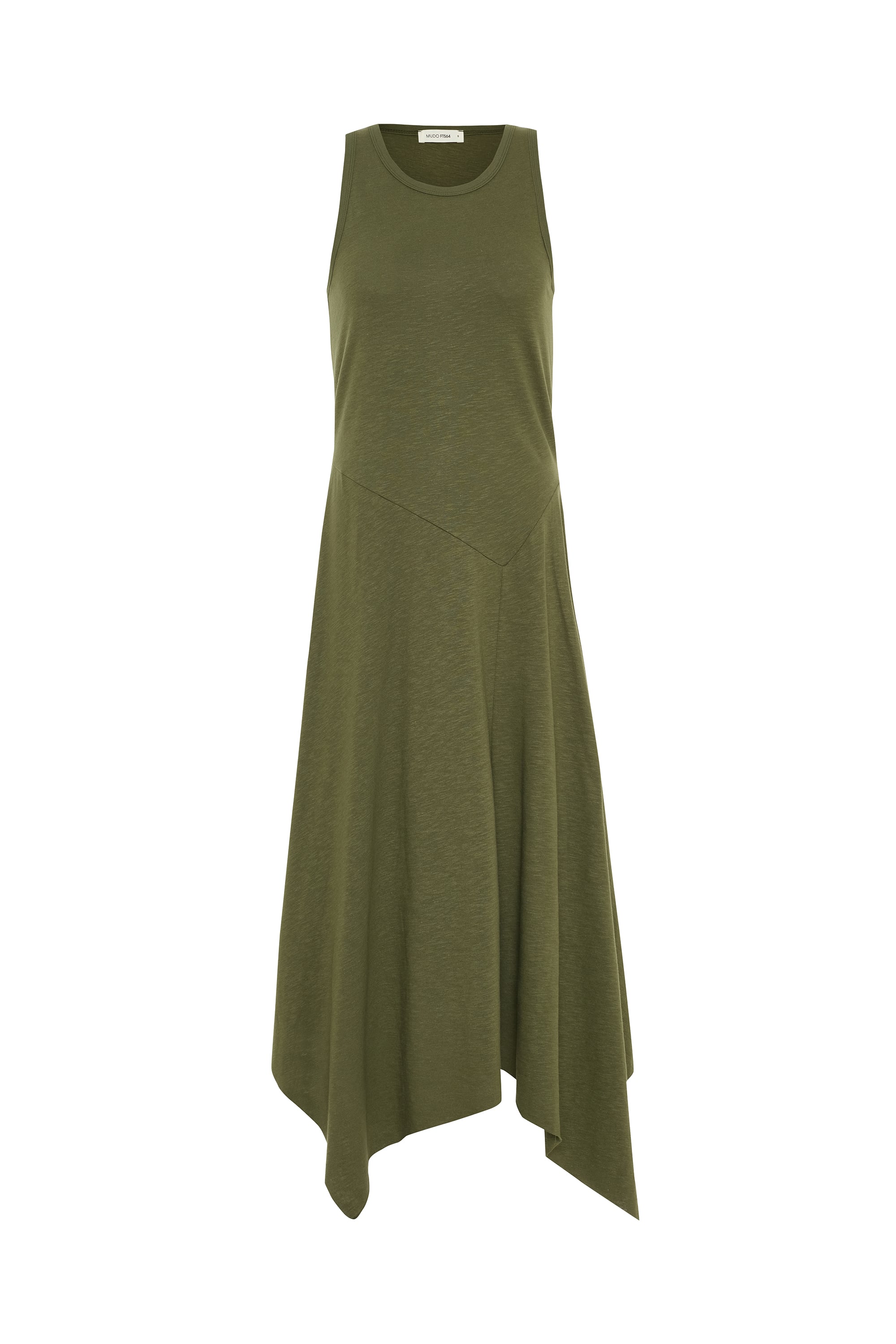 ASİMETRİK KESİM KOLSUZ KLOŞ MİDİ ELBİSE