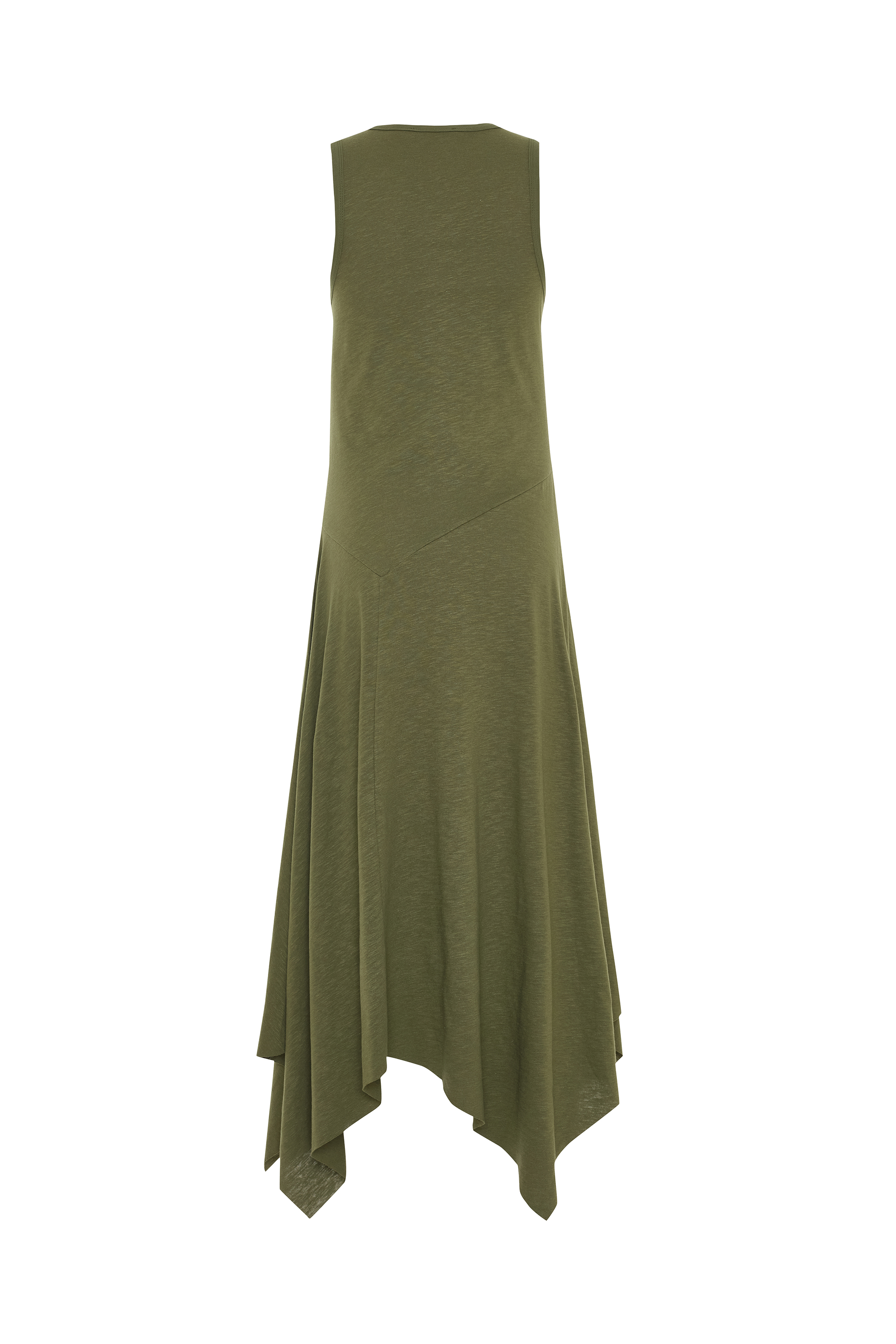 ASİMETRİK KESİM KOLSUZ KLOŞ MİDİ ELBİSE