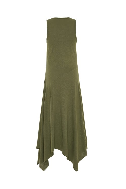 ASİMETRİK KESİM KOLSUZ KLOŞ MİDİ ELBİSE