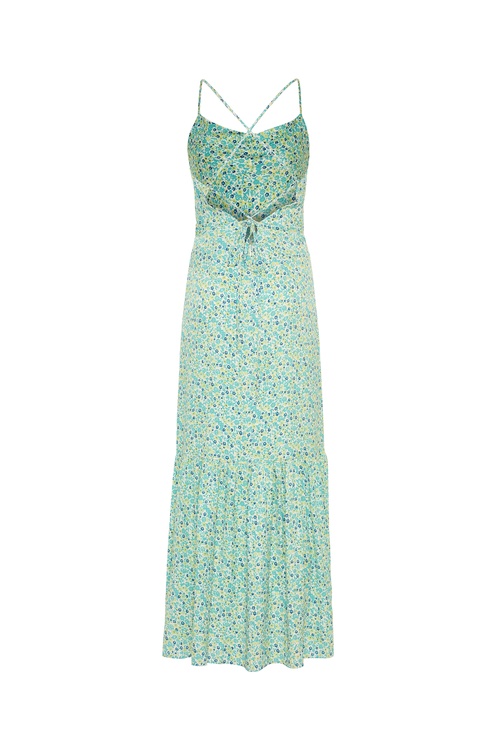  BASKILI SIRTI BAĞLAMALI MİDİ ELBİSE