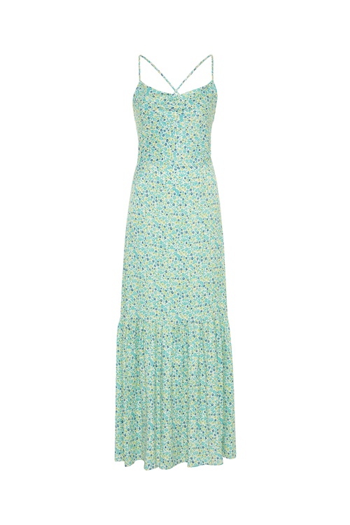  BASKILI SIRTI BAĞLAMALI MİDİ ELBİSE