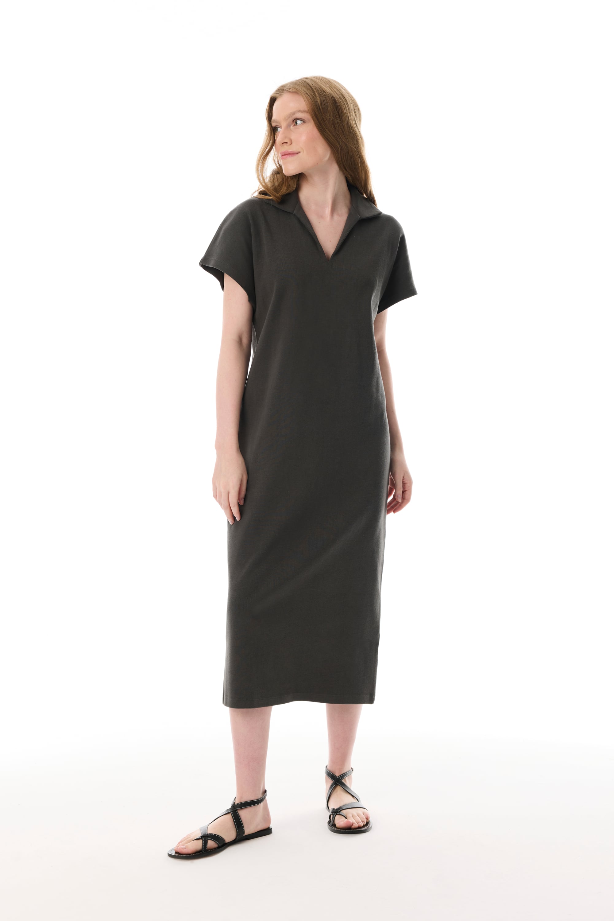 V YAKA KISA KOLLU MİDİ ELBİSE