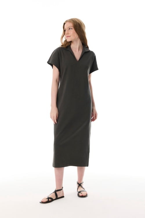  V YAKA KISA KOLLU MİDİ ELBİSE