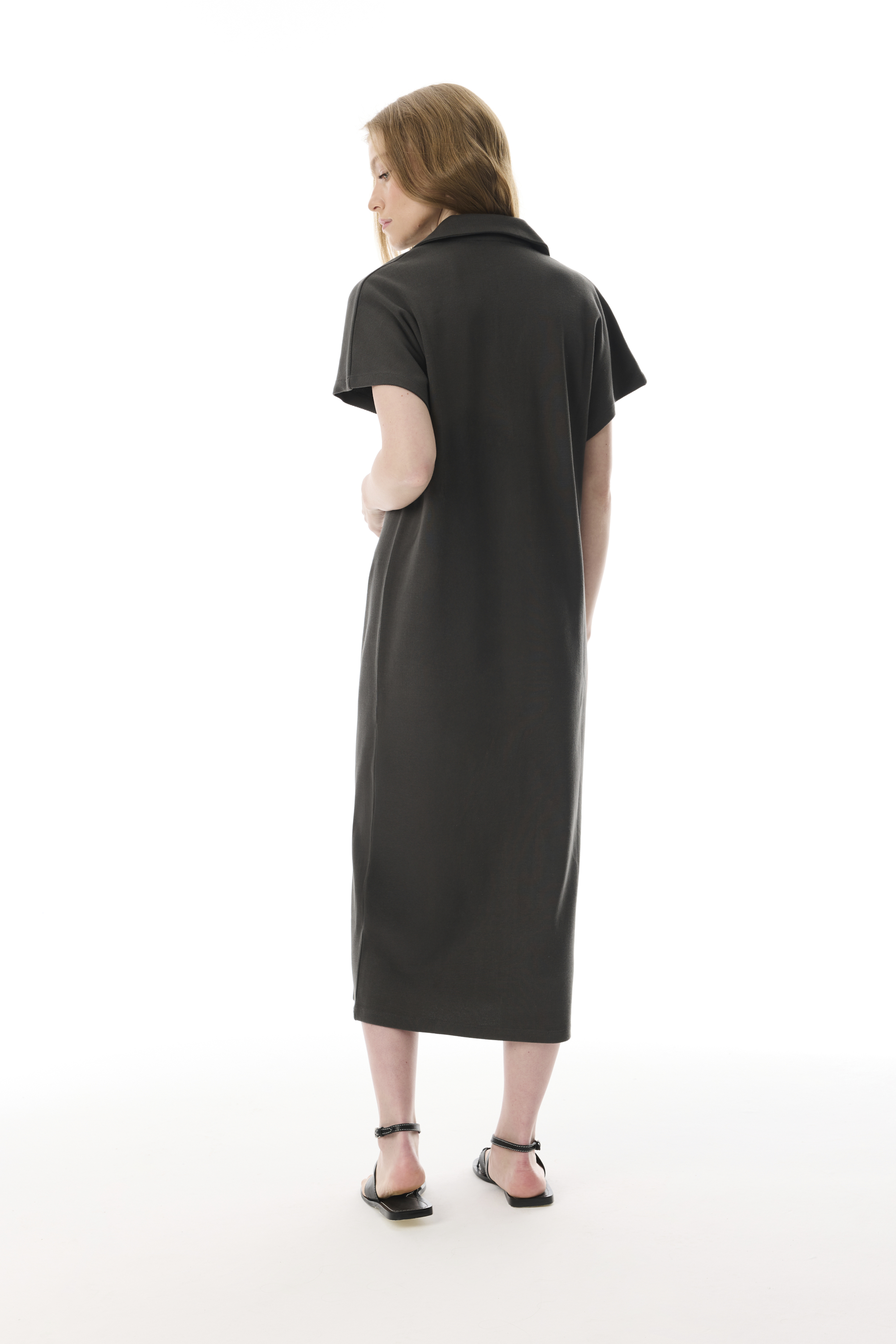 V YAKA KISA KOLLU MİDİ ELBİSE