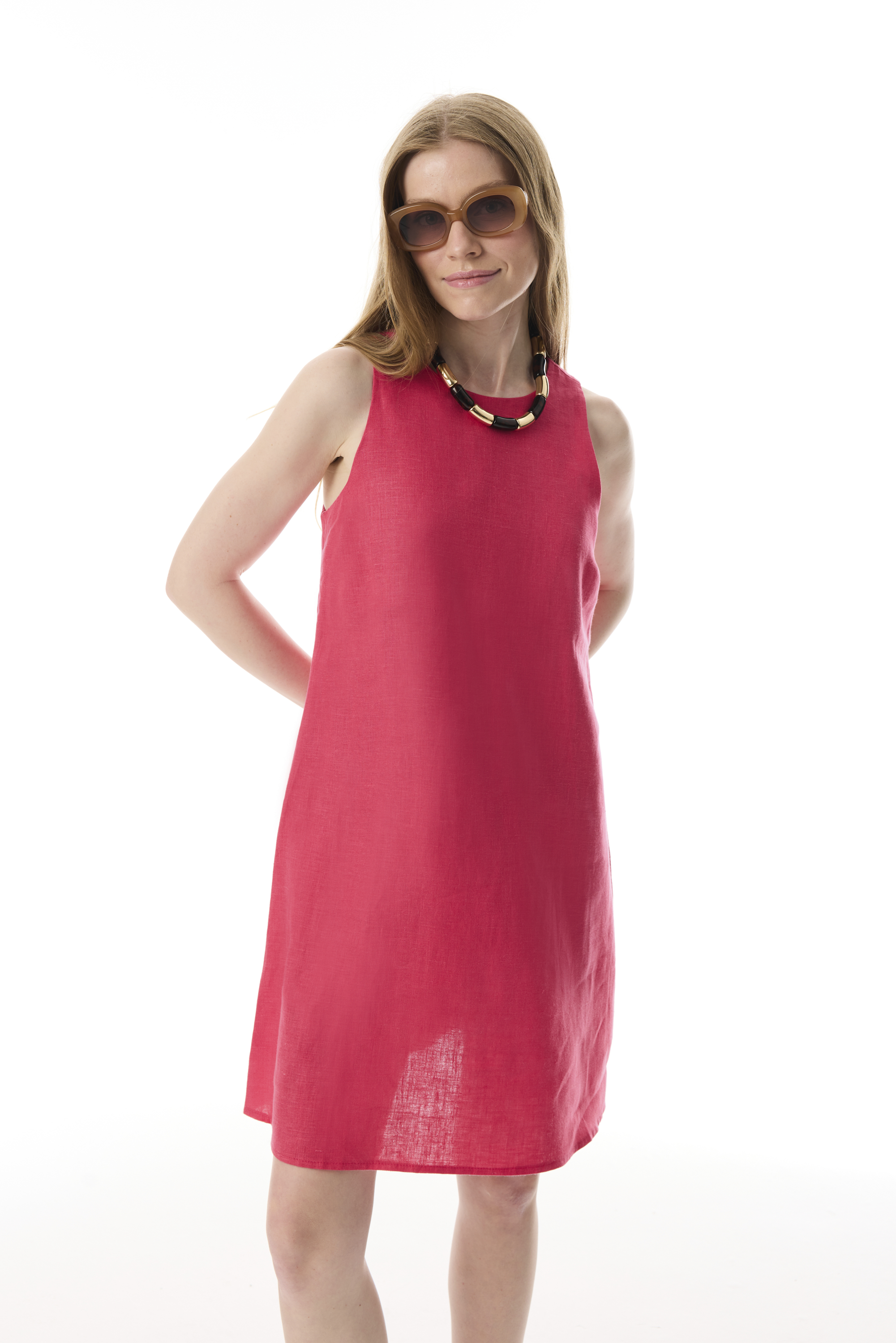 A FORM KOLSUZ KETEN MİNİ ELBİSE