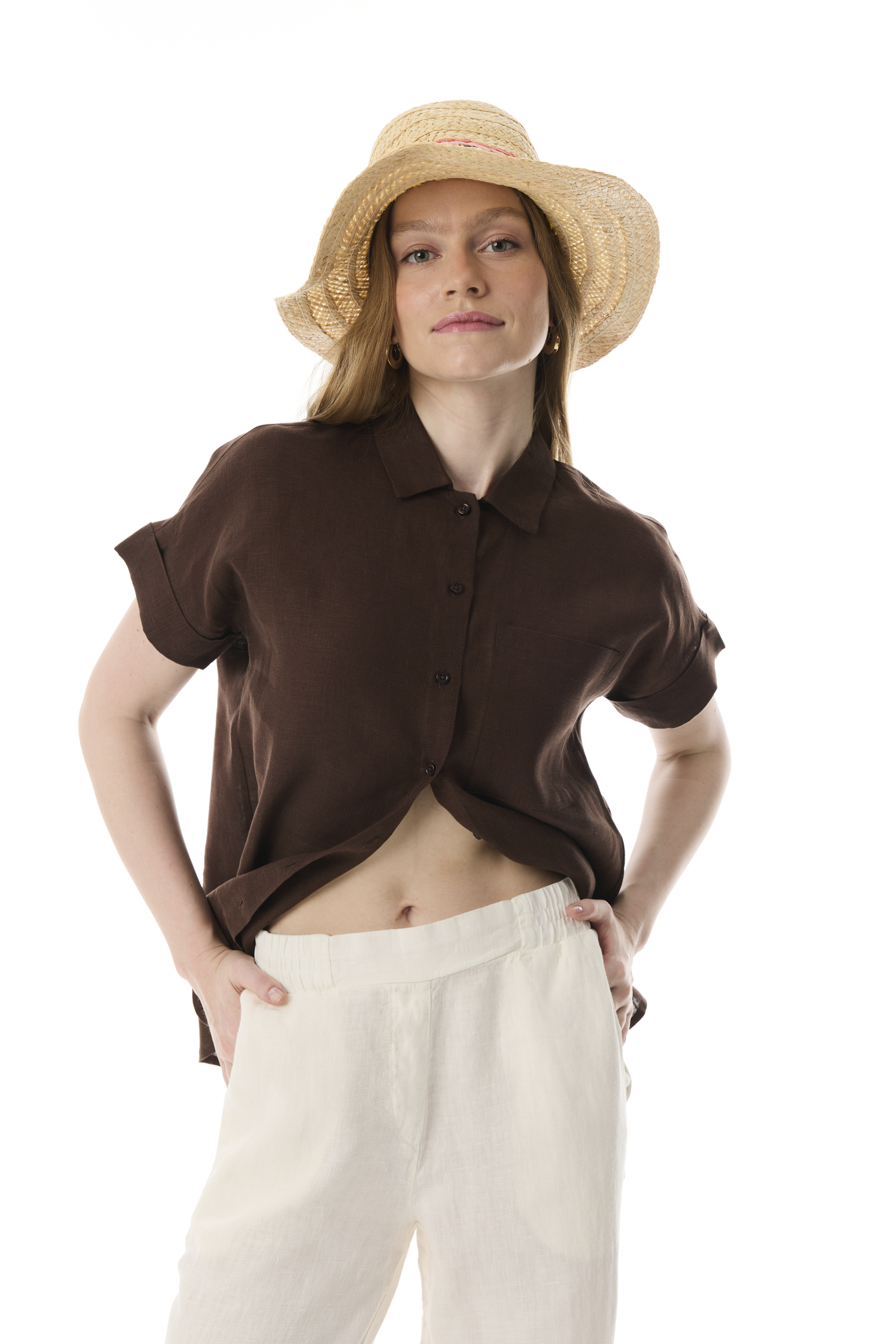 KISA KOLLU TEK CEPLİ KETEN GÖMLEK