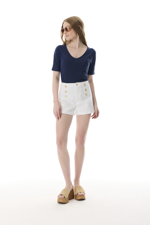  V YAKA KISA KOLLU FİTİLLİ T-SHIRT