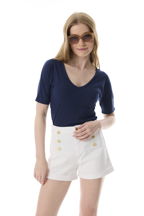  V YAKA KISA KOLLU FİTİLLİ T-SHIRT