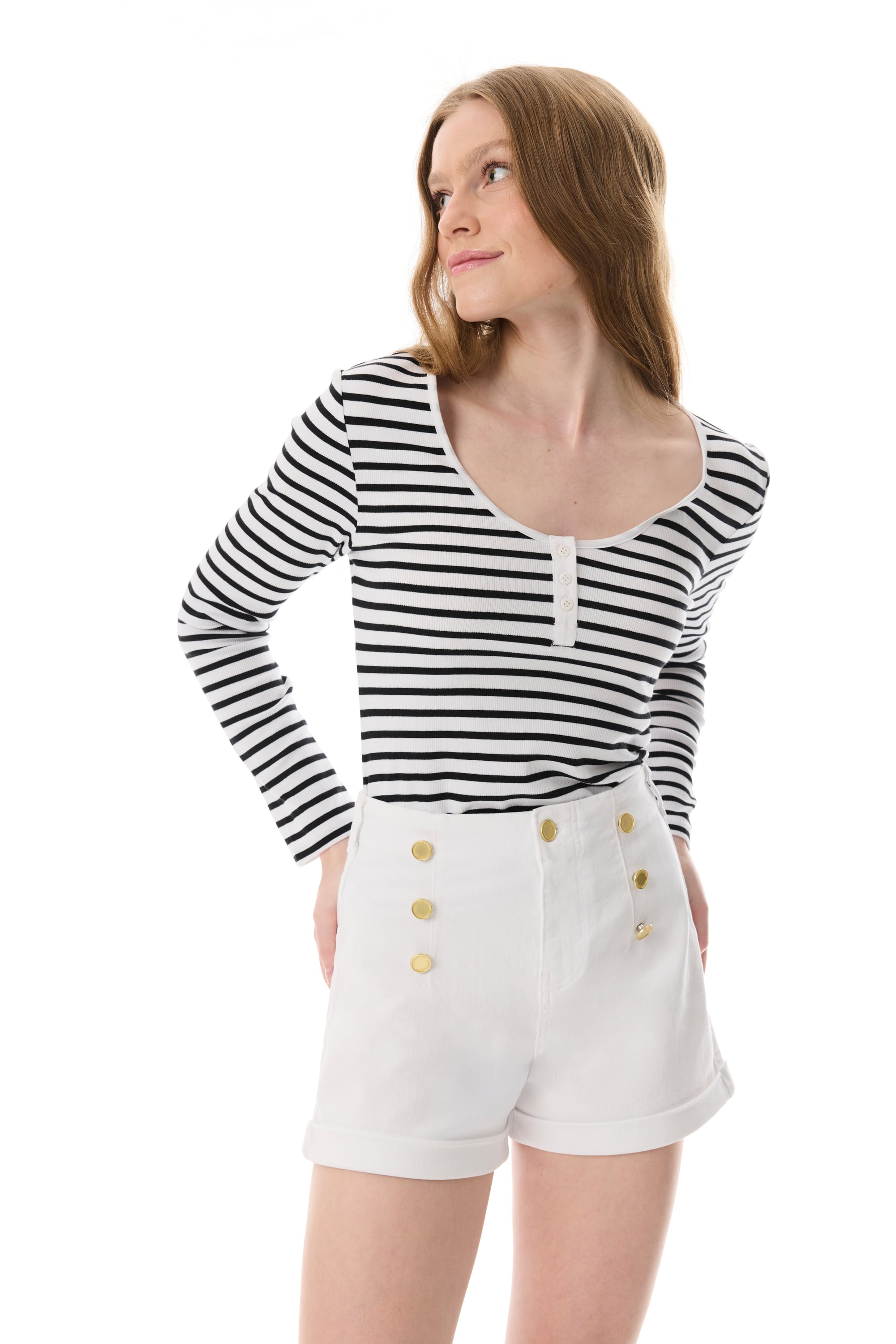 ÇİZGİLİ AÇIK YAKA UZUN KOLLU T-SHIRT