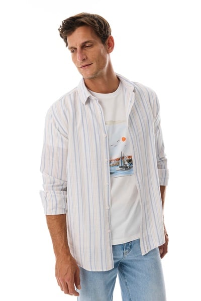 Mudo Erkek Beyaz Regular Fit Çizgili Casual Uzun Kollu Gömlek