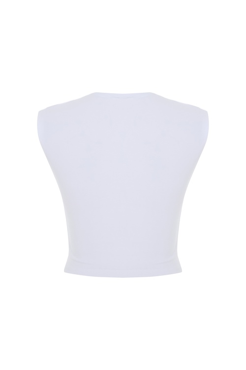  Kadın Beyaz Bisiklet Yaka Crop T-Shirt
