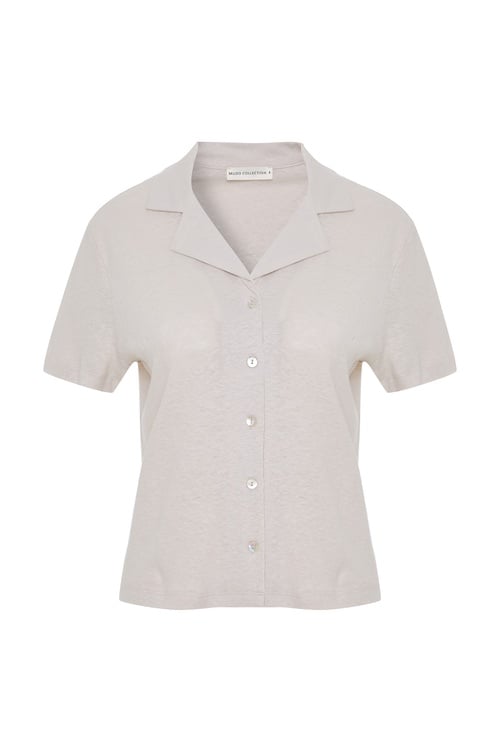  V YAKA DÜĞMELİ KISA KOLLU ÖRME T-SHIRT