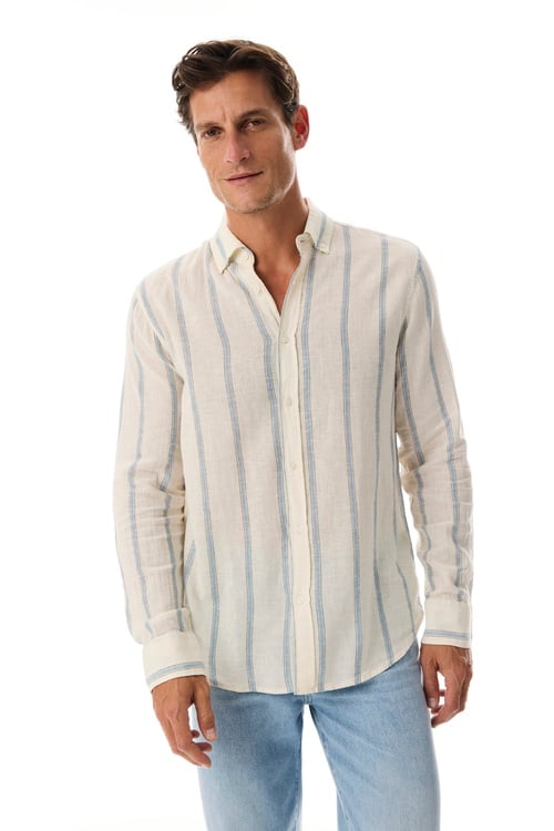  REGULAR FIT KETEN KARIŞIMLI ÇİZGİLİ UZUN KOLLU GÖMLEK