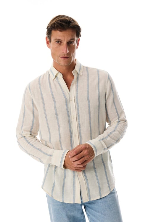  REGULAR FIT KETEN KARIŞIMLI ÇİZGİLİ UZUN KOLLU GÖMLEK