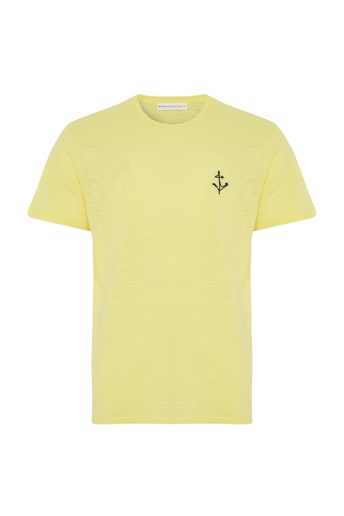 Erkek Sarı Nakışlı Bisiklet Yaka T-Shirt