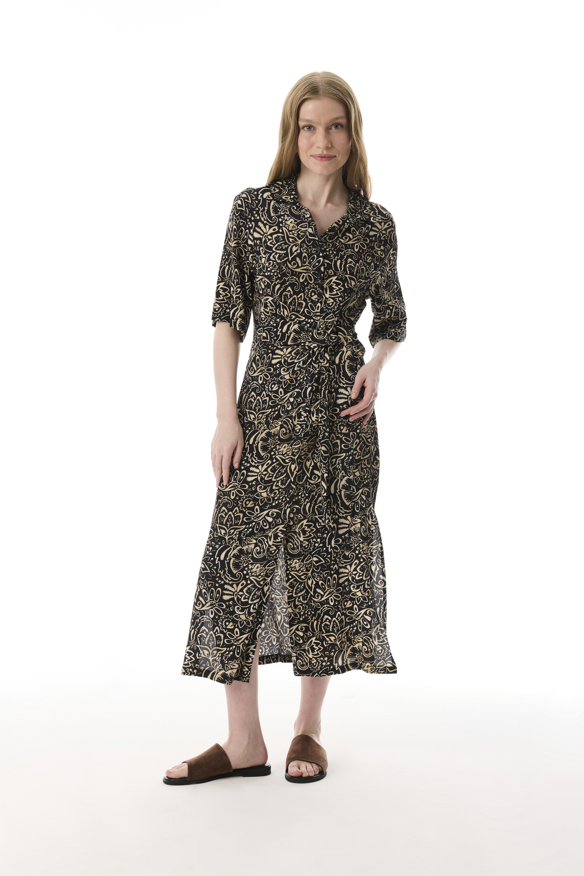 ETNİK BASKILI BAĞLAMA DETAYLI UZUN ELBİSE