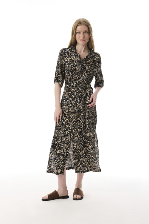  ETNİK BASKILI BAĞLAMA DETAYLI UZUN ELBİSE