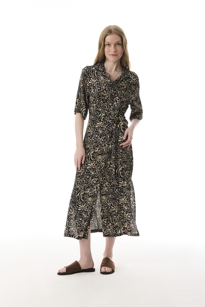 Mudo Siyah Etnik Baskili Bağlama Detayli Uzun Elbise