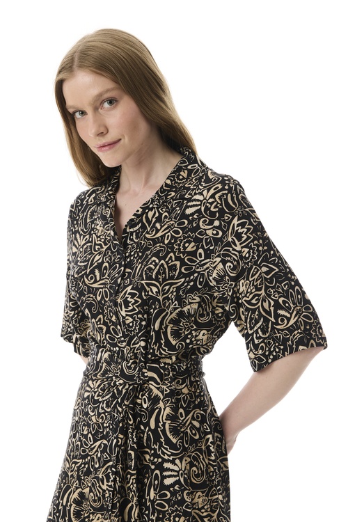  ETNİK BASKILI BAĞLAMA DETAYLI UZUN ELBİSE