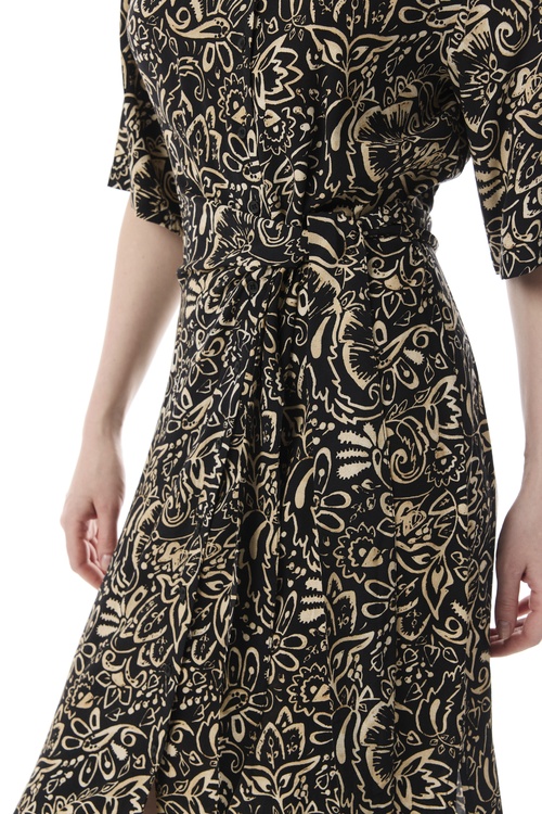  ETNİK BASKILI BAĞLAMA DETAYLI UZUN ELBİSE