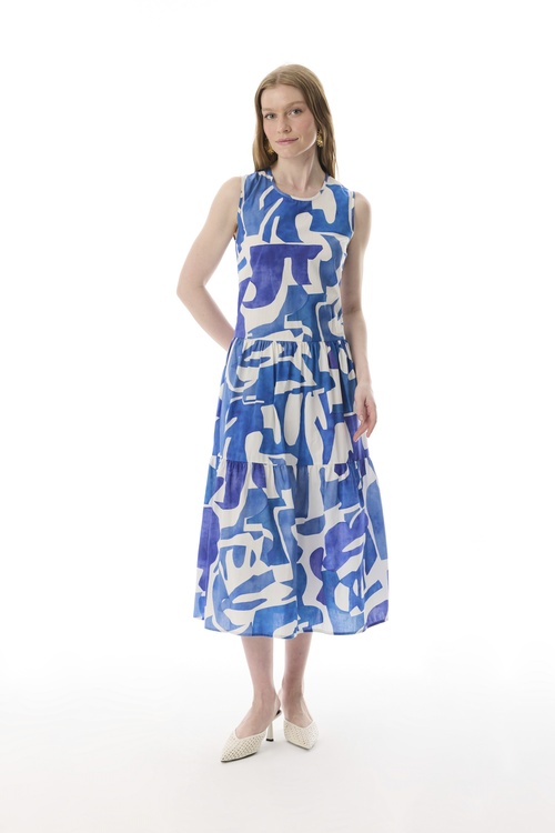  BASKILI KOLSUZ KLOŞ MİDİ ELBİSE