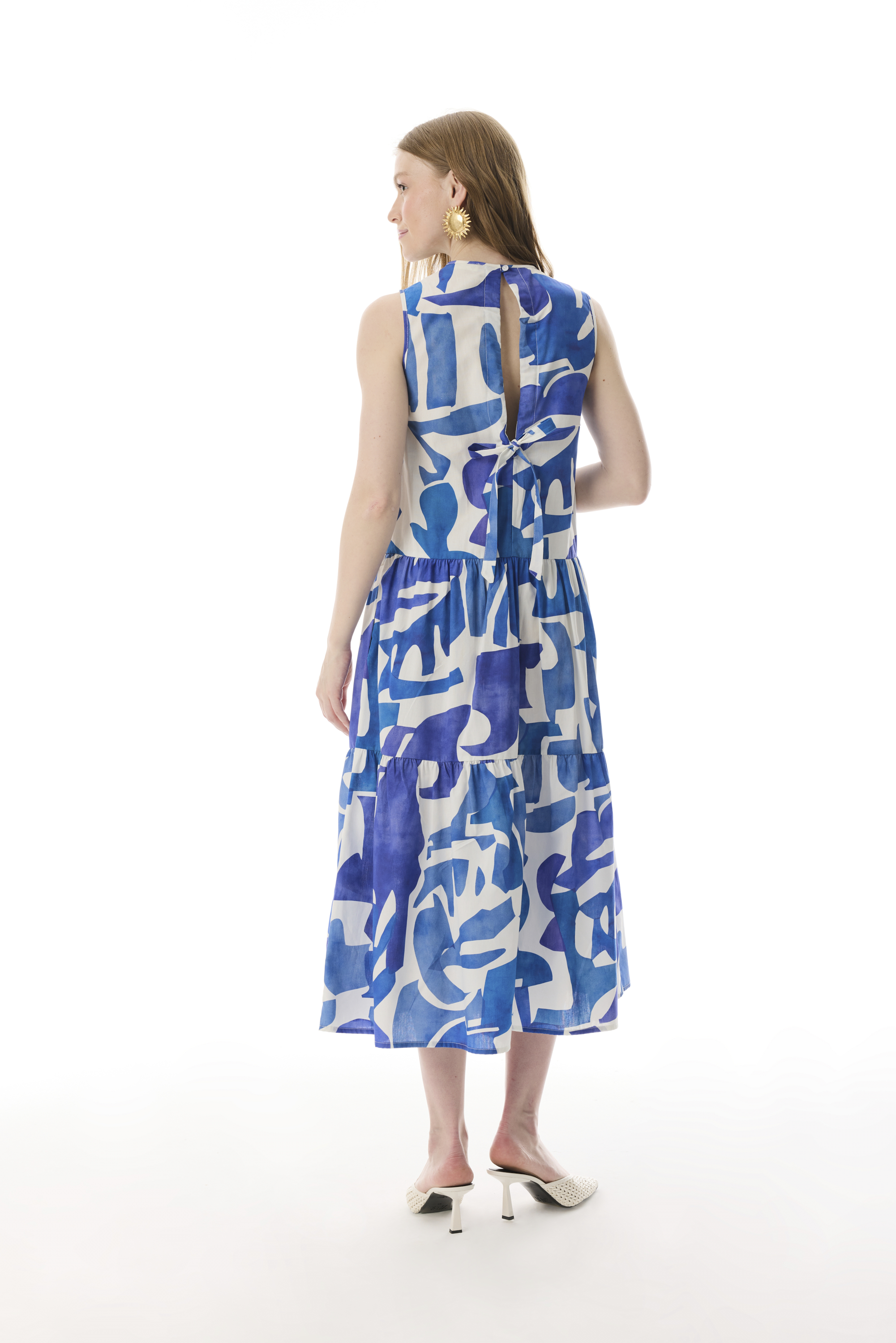 BASKILI KOLSUZ KLOŞ MİDİ ELBİSE