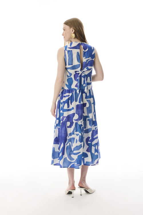  BASKILI KOLSUZ KLOŞ MİDİ ELBİSE