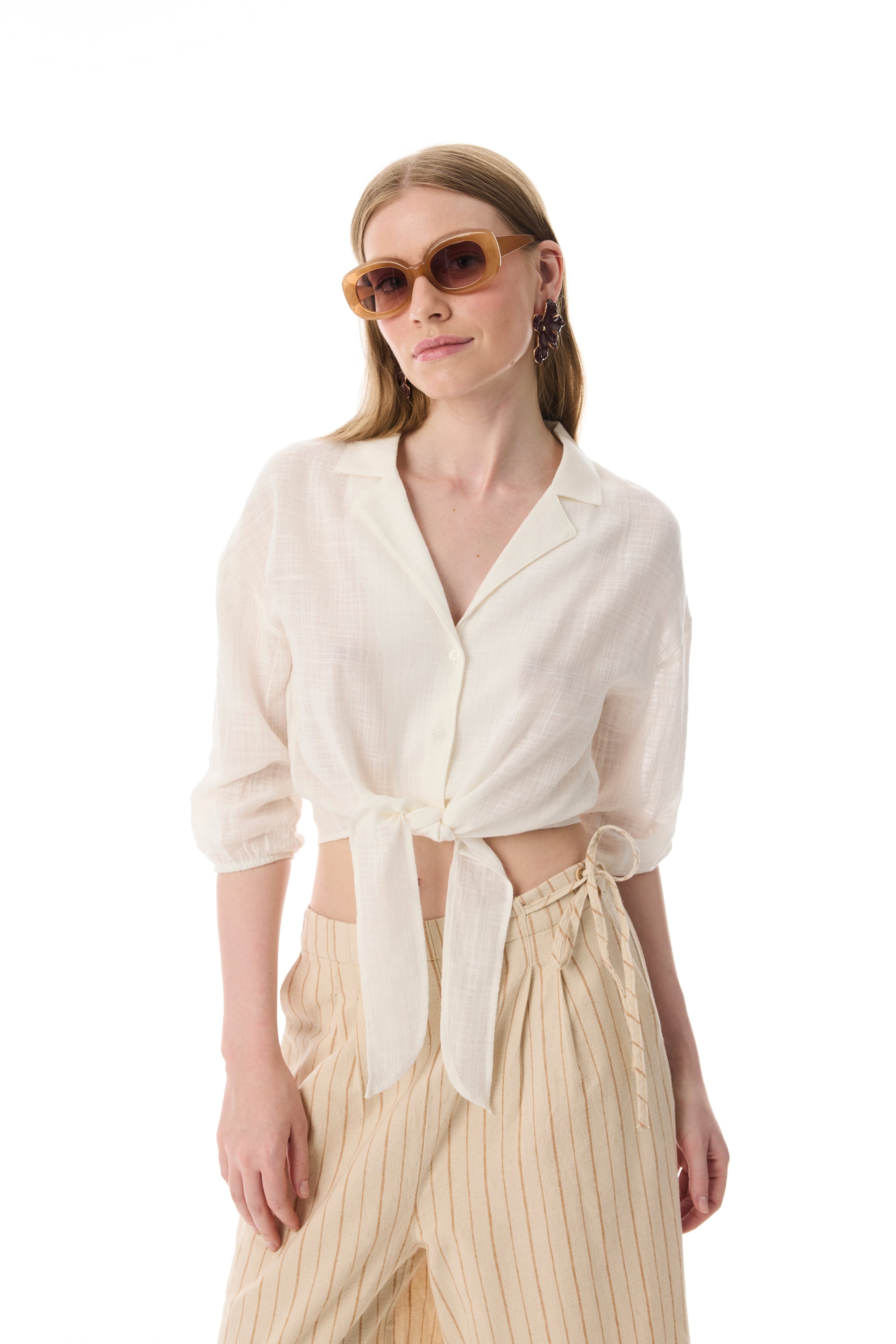 BELİ BAĞLAMALI V YAKA CROP BLUZ