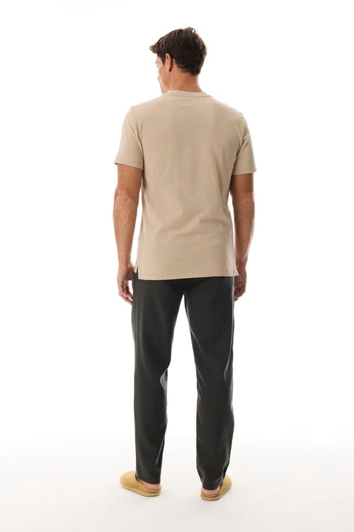  Erkek Bej Rengi Bisiklet Yaka Loose Fit Kısa Kollu T-Shirt