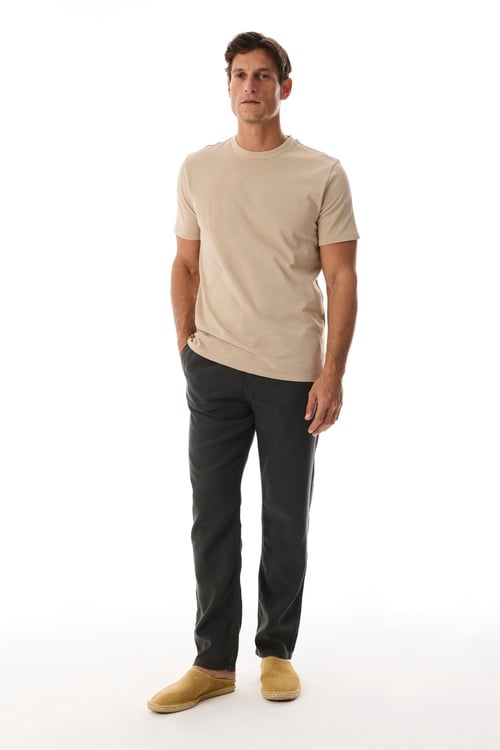  Erkek Bej Rengi Bisiklet Yaka Loose Fit Kısa Kollu T-Shirt