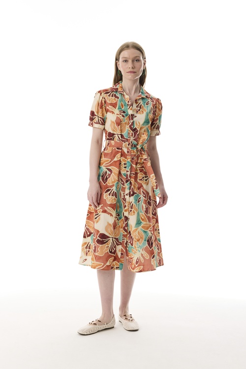  BASKILI KLOŞ MİDİ GÖMLEK ELBİSE