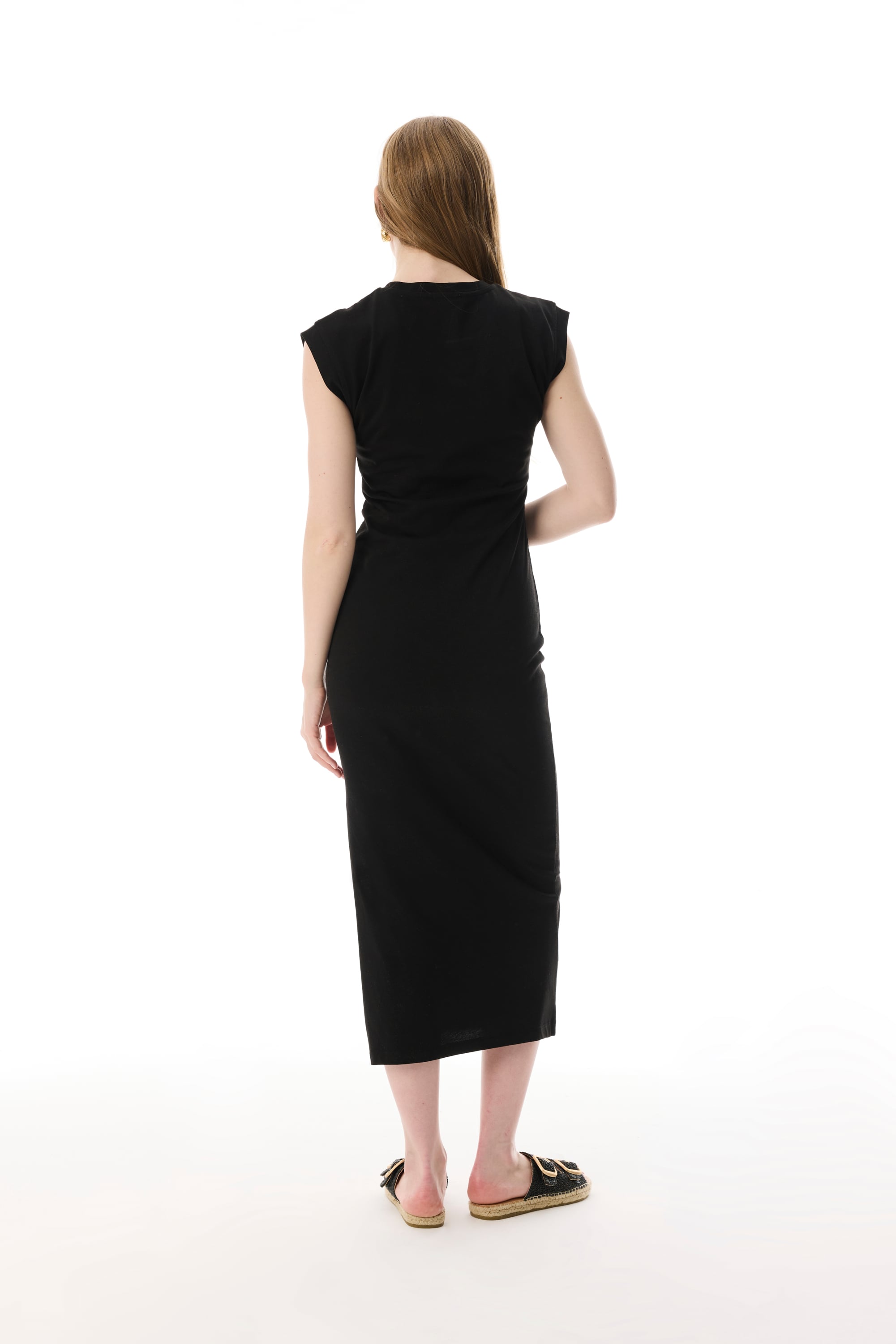 KISA KOLLU YIRTMAÇLI DAR MİDİ ELBİSE