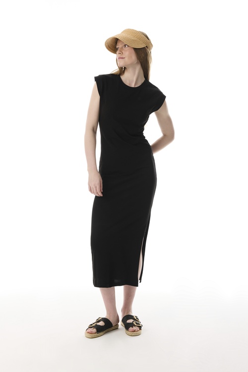  KISA KOLLU YIRTMAÇLI DAR MİDİ ELBİSE