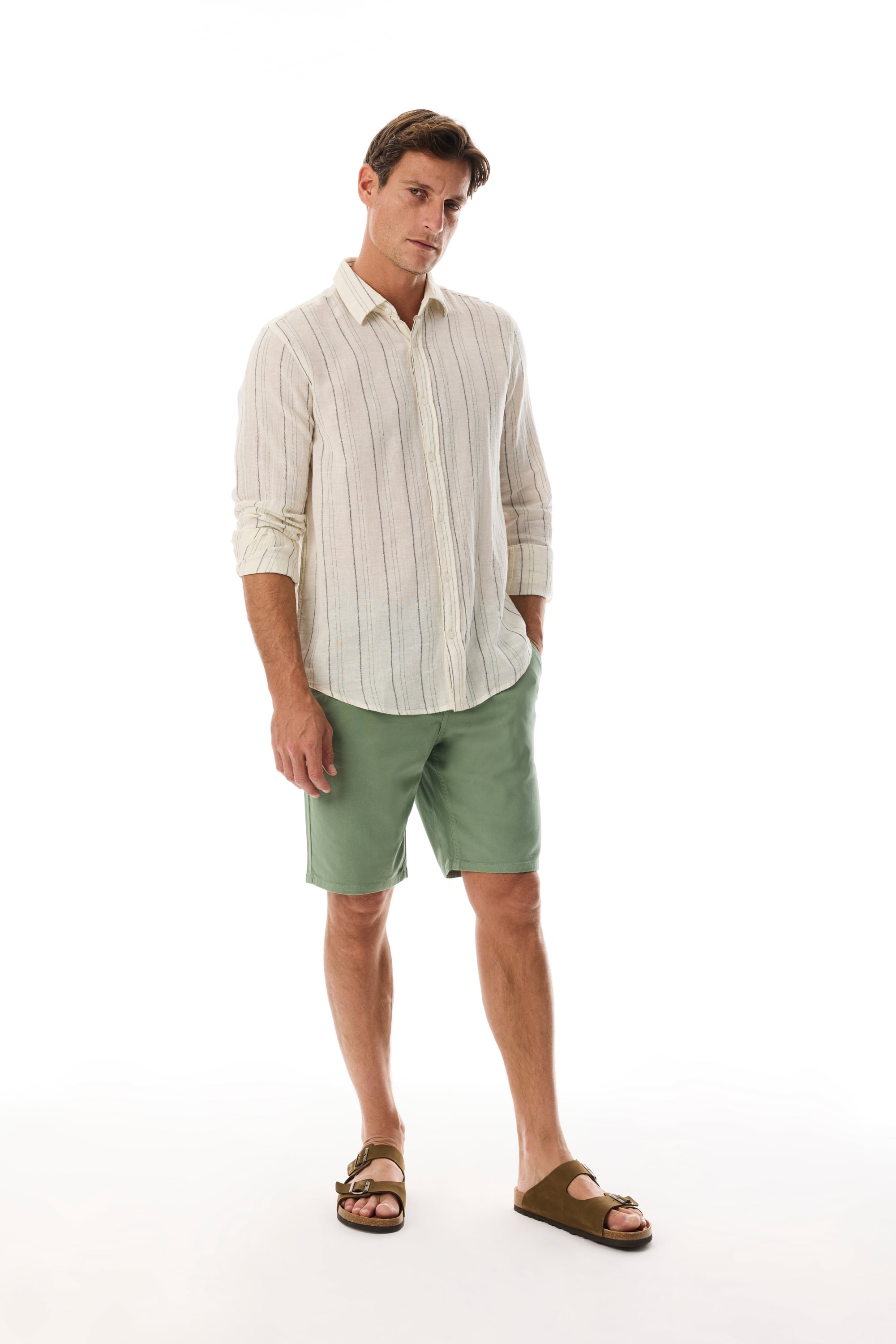 REGULAR FIT KETEN KARIŞIMLI ÇİZGİLİ UZUN KOLLU GÖMLEK