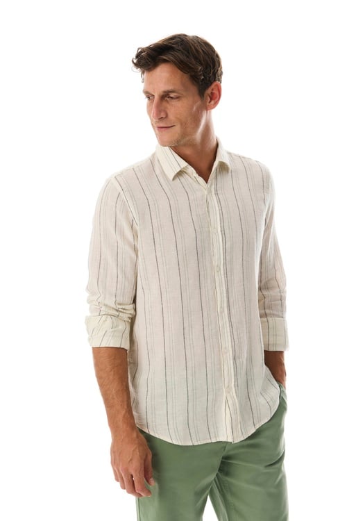  REGULAR FIT KETEN KARIŞIMLI ÇİZGİLİ UZUN KOLLU GÖMLEK