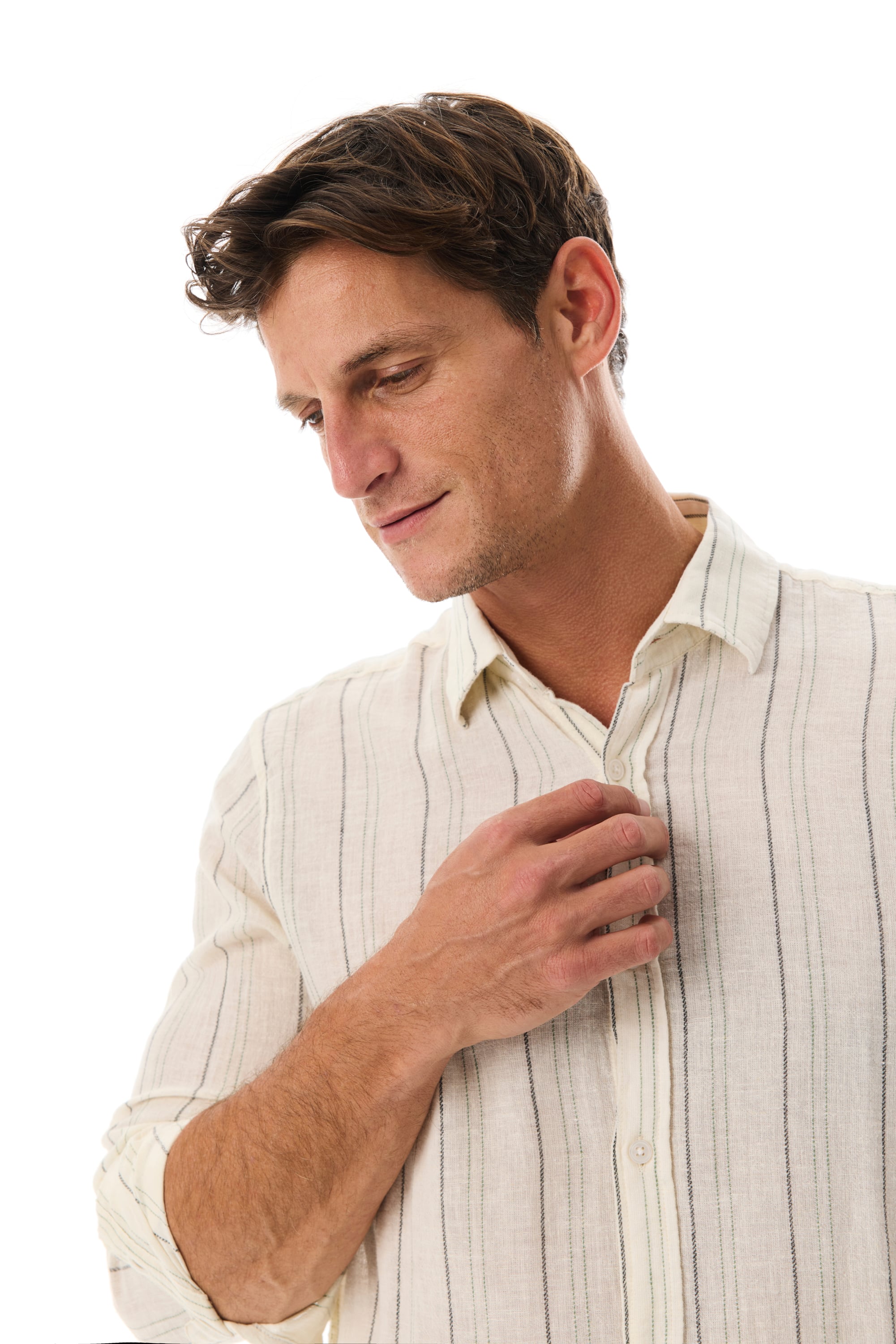 REGULAR FIT KETEN KARIŞIMLI ÇİZGİLİ UZUN KOLLU GÖMLEK