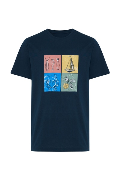 Mudo Erkek Lacivert Marin Baskılı Bisiklet Yaka T-Shirt
