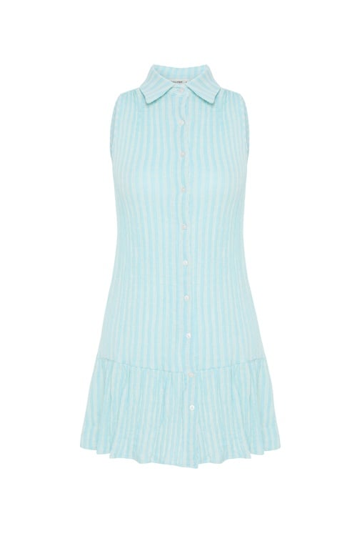  ÇİZGİLİ KOLSUZ KLOŞ MİNİ GÖMLEK ELBİSE