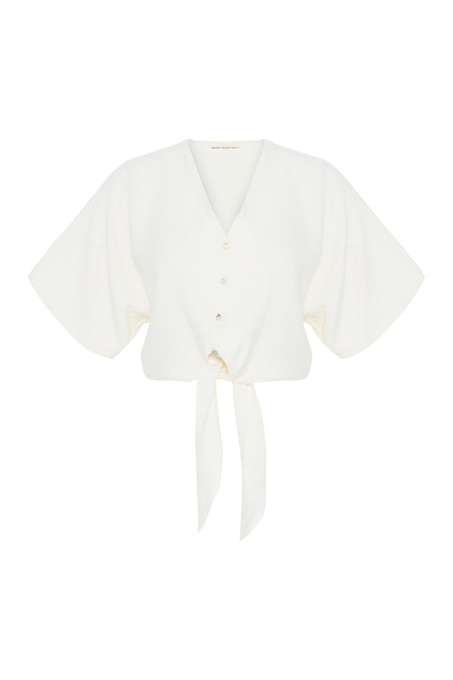  BAĞLAMA DETAYLI V YAKA CROP GÖMLEK