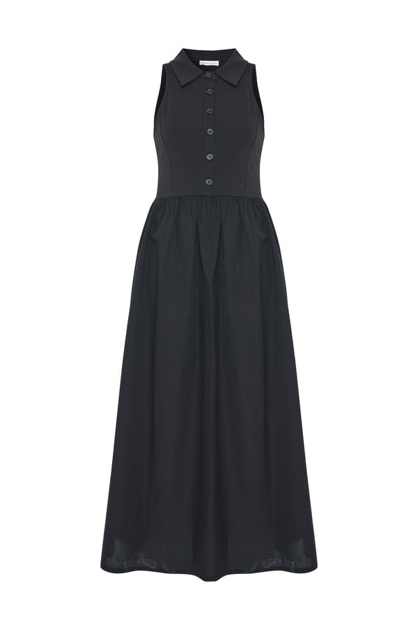 DÜZ KESİM KOLSUZ POLO YAKA MİDİ ELBİSE