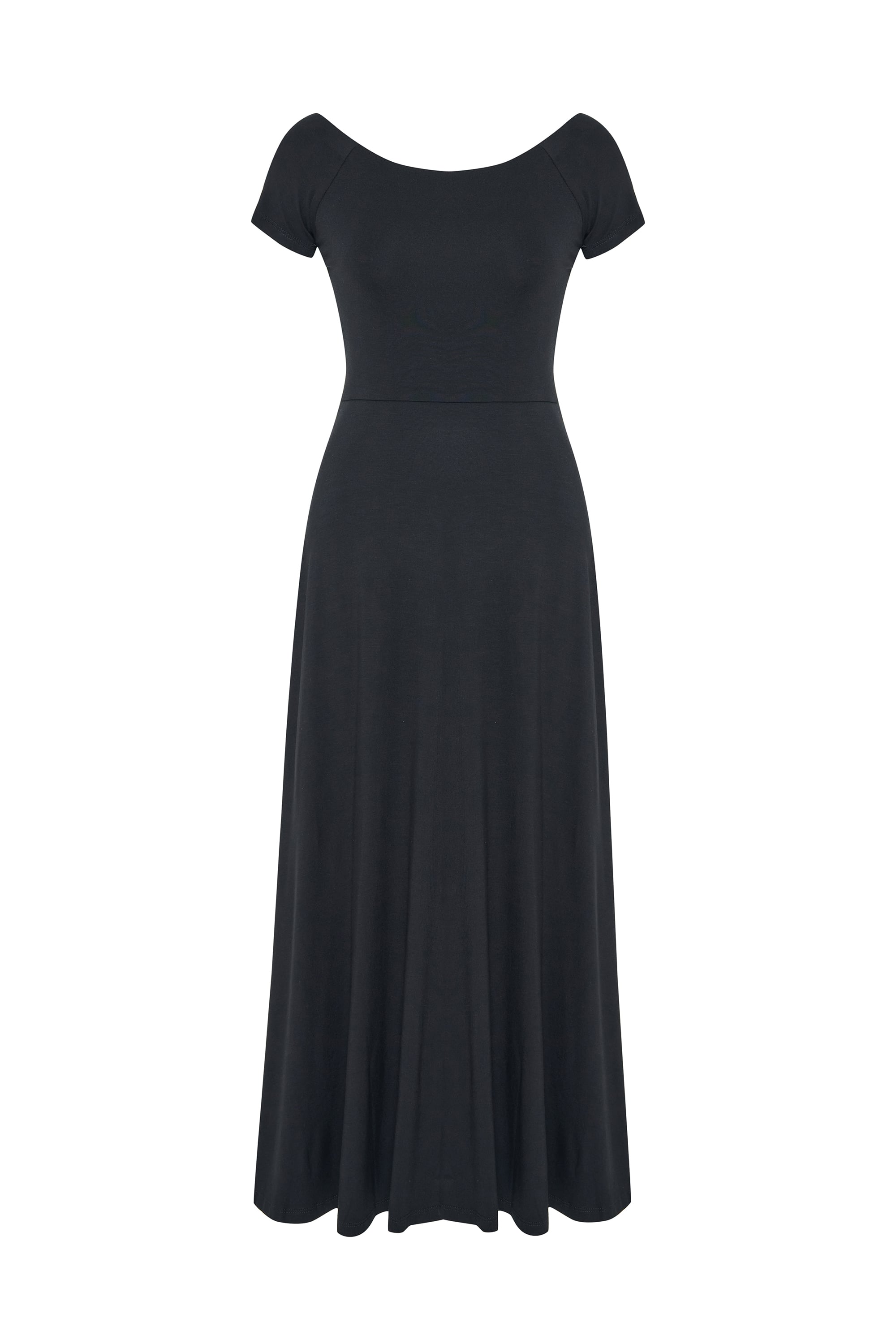 AÇIK YAKA SIRT DETAYLI MİDİ ELBİSE