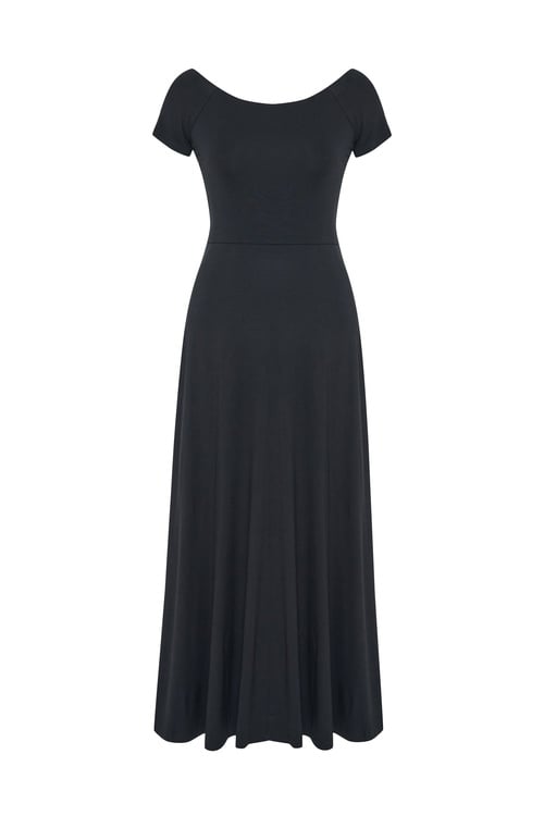  AÇIK YAKA SIRT DETAYLI MİDİ ELBİSE