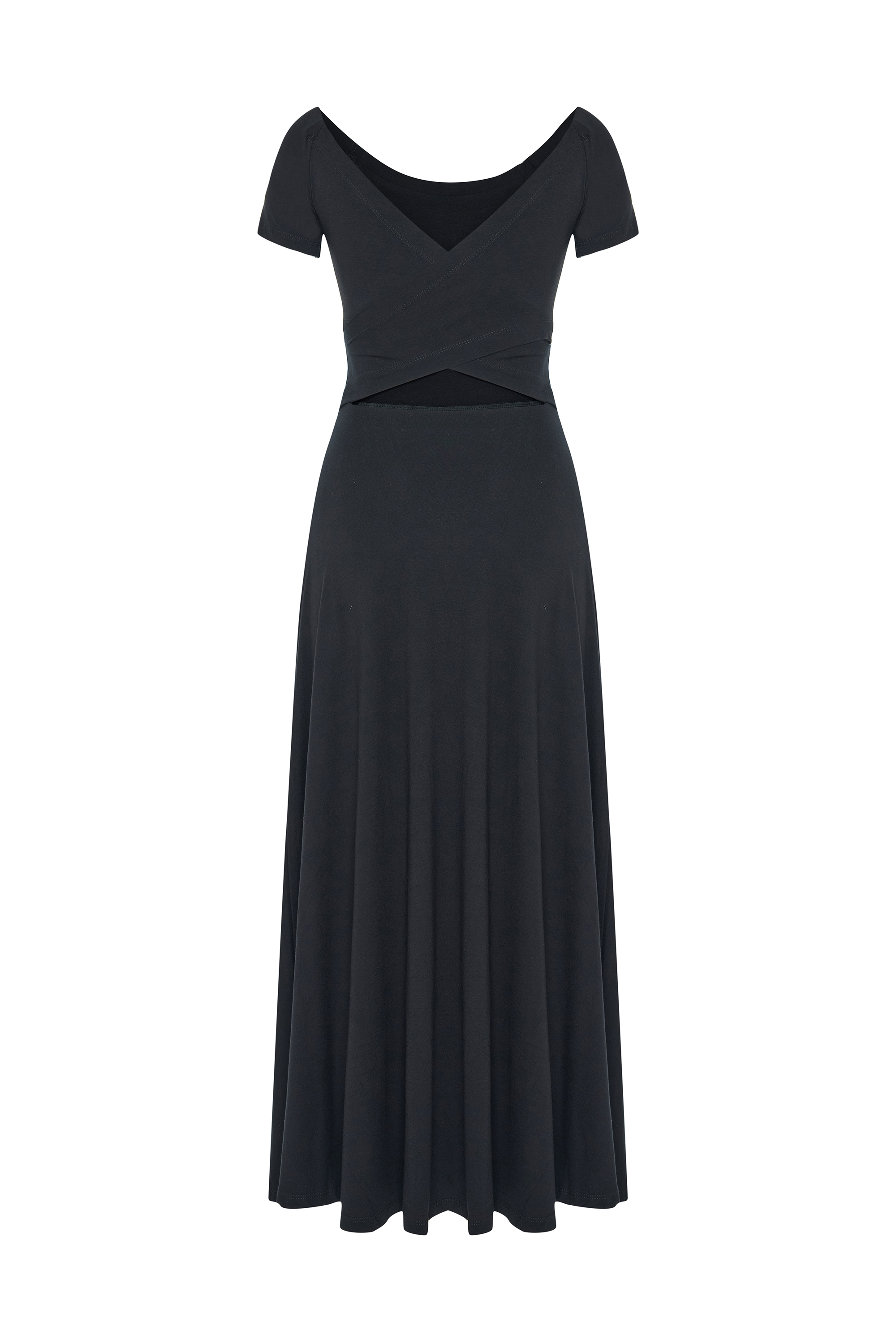 AÇIK YAKA SIRT DETAYLI MİDİ ELBİSE