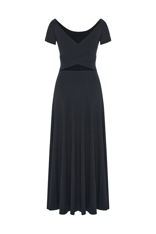  AÇIK YAKA SIRT DETAYLI MİDİ ELBİSE