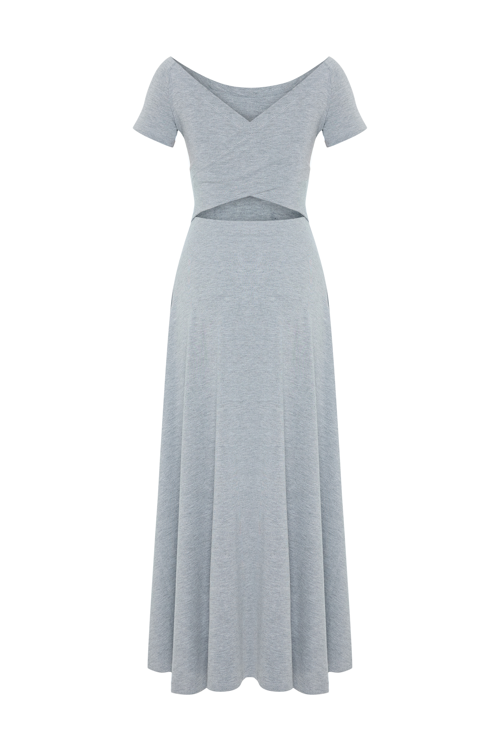 AÇIK YAKA SIRT DETAYLI MİDİ ELBİSE